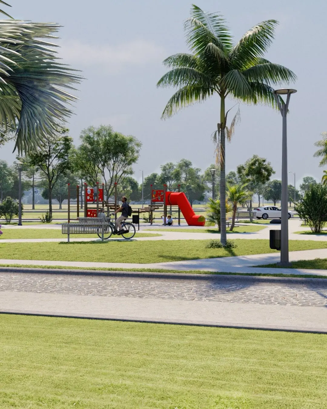 Render del área verde de Bielva con juegos infantiles