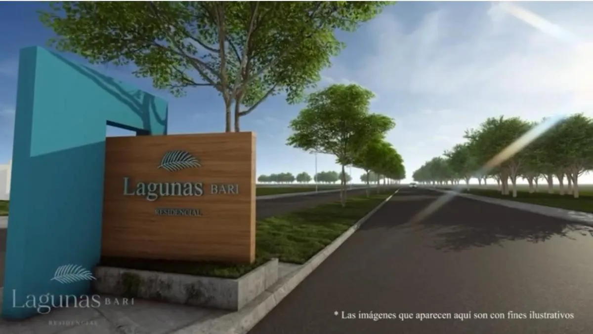 Render de la entrada de Lagunas Bari con su letrero y una avenida arbolada