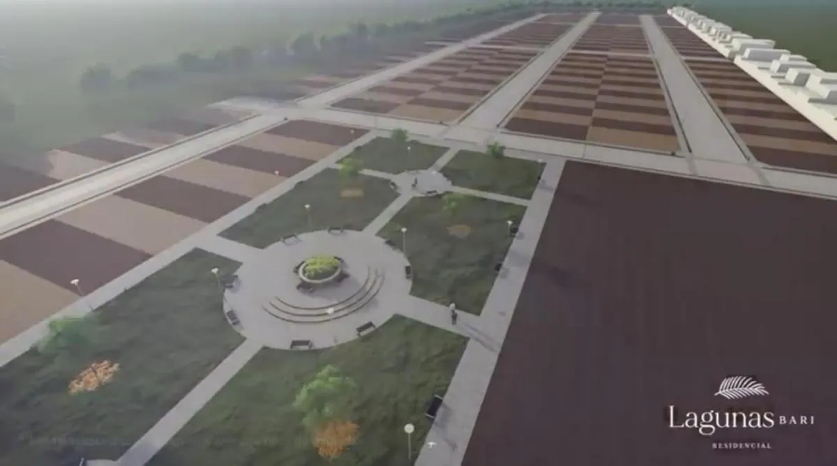 Render aéreo de la lotificación y la plaza de Lagunas Bari